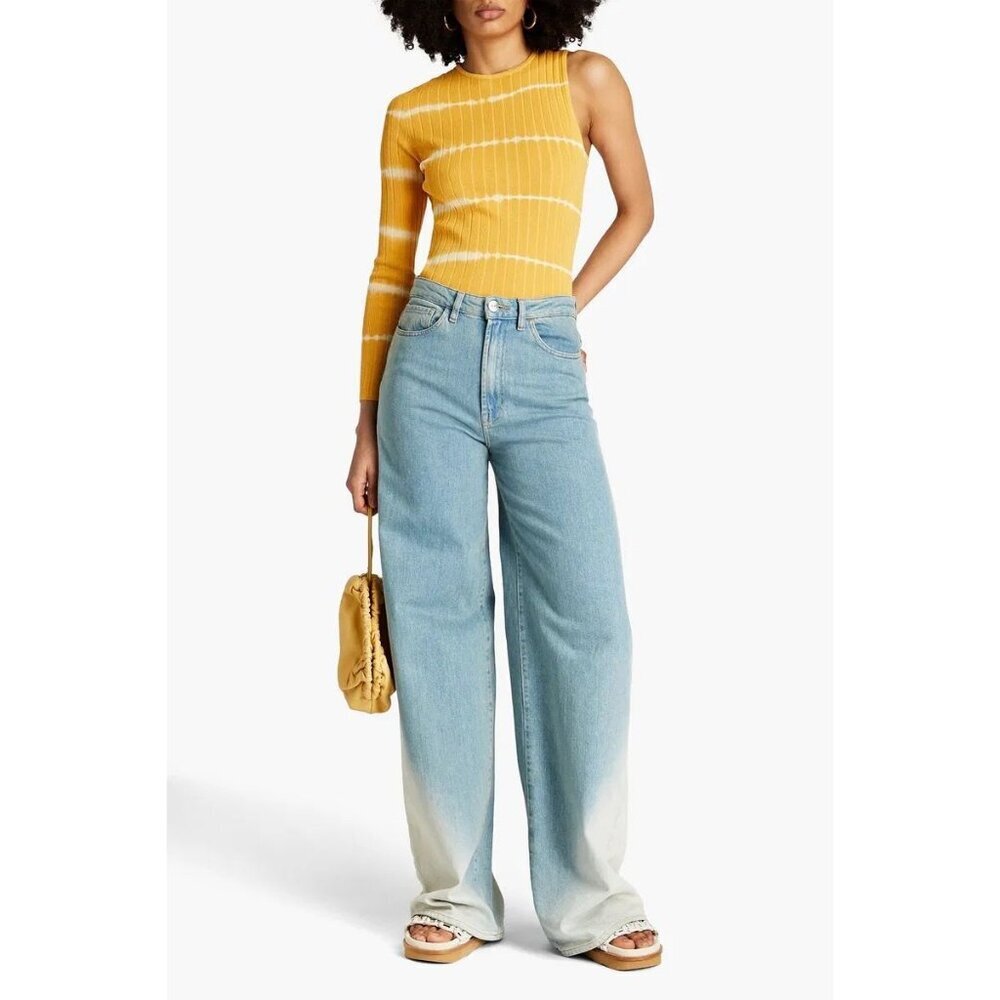 New Sandro Bali One-Sleeve Striped Ribbed Knit Top Sweater Asymmetrical Shirt